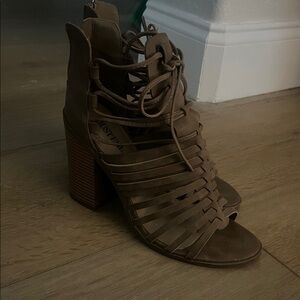 JustFab Taupe Lace-Up Strappy Block Heel Sandal